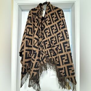 Fendi Tan and Black Logo hooded poncho